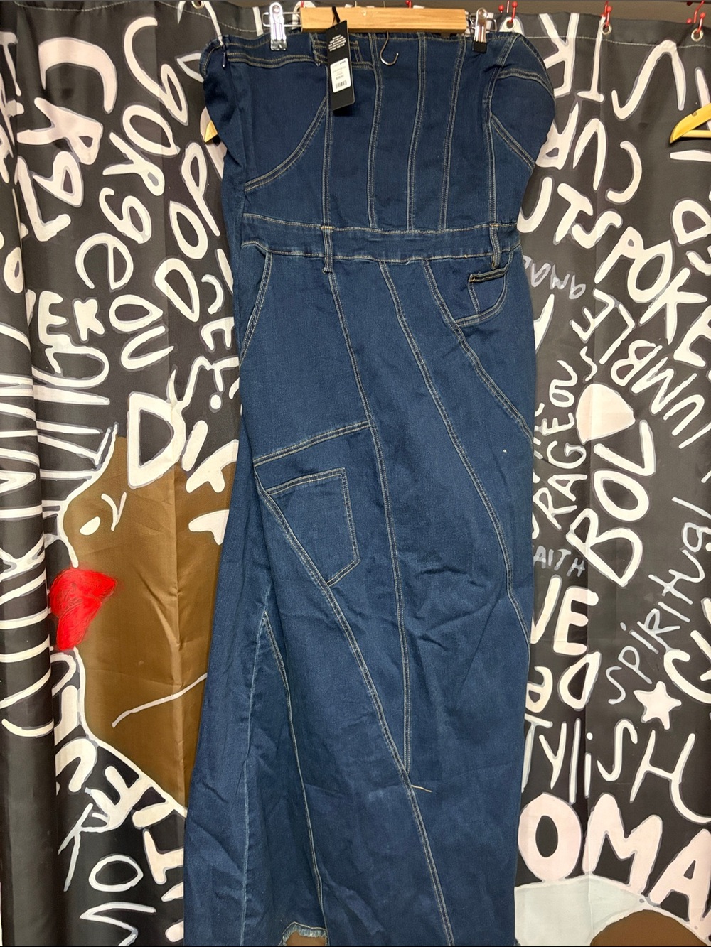 Fashion Nova Dark Blue Strapless Denim Maxi Dress